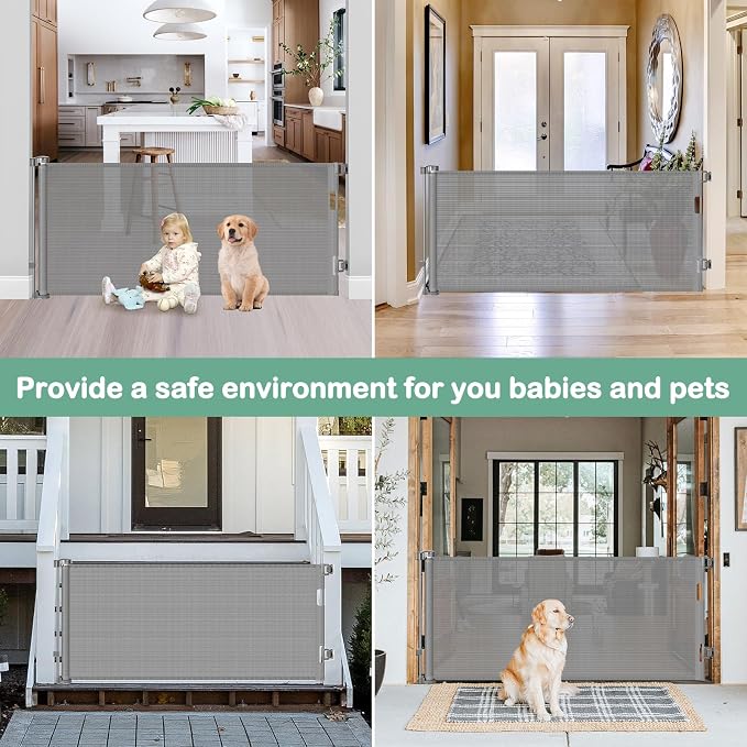 BETERTEK 80 Inch Wide Retractable Baby Gates for Dogs Indoor, Anti-Scratch Mesh Pet Gate for Doorways, 33” Tall Retractable Outdoor Gate for Decks, Anti-Climb Safety Mesh Gates for Kids or Pets, Gray