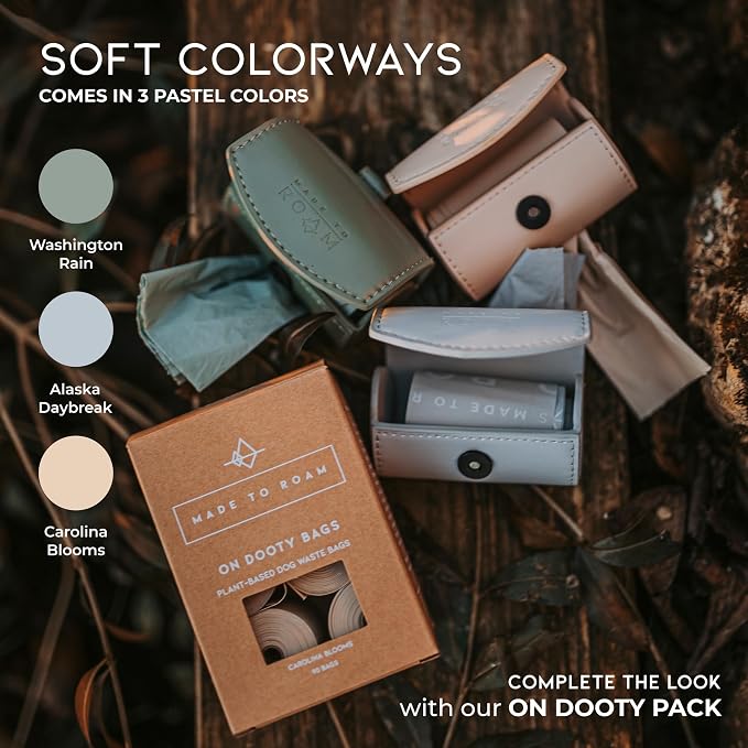 MADE TO ROAM On Dooty Bags - Plant Based Dog Poop Bag Rolls, Extra Thick, Leak Proof, Unscented Dog Waste Bags (Set of 3 Boxes, 270 Bags Total) - Carolina Blooms