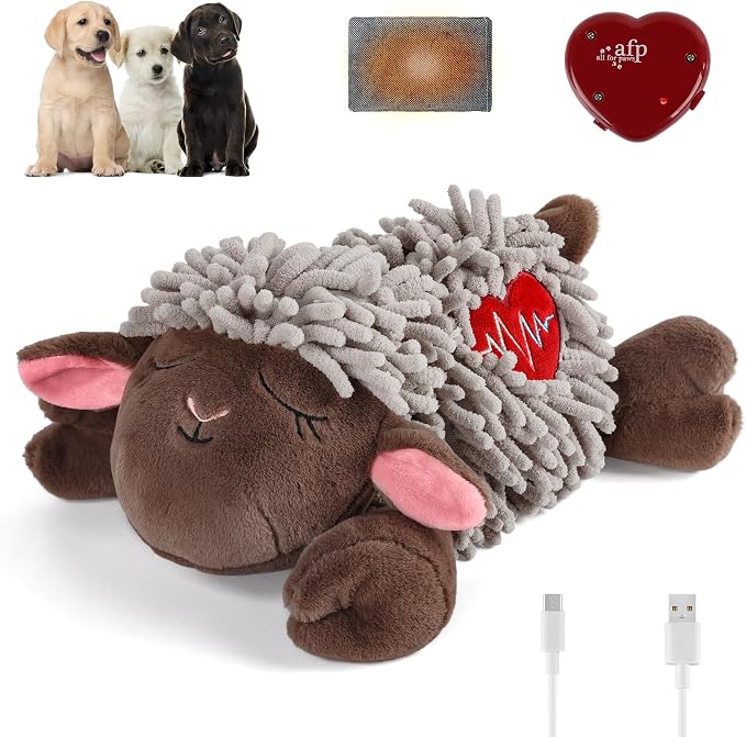 ALL FOR PAWS Heartbeat Dog Toy for Sleep Aid, Stuffed Animal Plush Toy for Puppy Anxiety Relief & Behavioral Training, Snuggling Plush Toy with Warm Bag & Adjustable-Speed Heartbeat, USB Rechargeable
