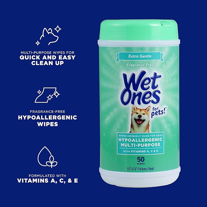 Wet Ones for Pets Hypoallergenic Multipurpose Dog Wipes with Vitamins A, C and E - Fragrance-Free All-Over Pet Grooming Wipes for Dogs in Canister, 50 Count - 3 Pack