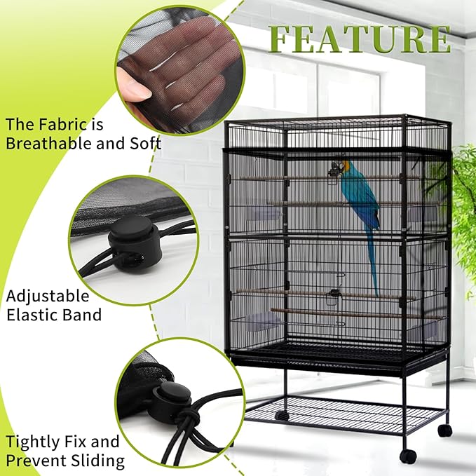 Daoeny 2PCS Bird Cage Seed Catcher, Large Bird Cage Cover, Adjustable Soft Airy Nylon Mesh, Birdcage Cover Skirt Seed Guard for Parrot Parakeet Macaw Round Square Cages (Black & Black)