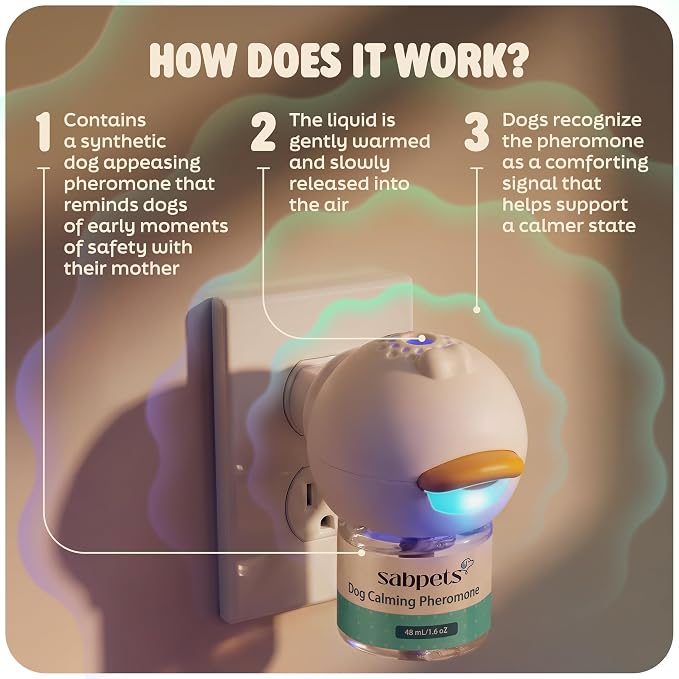 Dog Calming Diffuser Kit by SabPets – Pheromone Plug-in for Dogs, Helps Reduce Pee Accidents, Barking & Separation Anxiety – 2 Diffusers + 4 Refills + Toy | Mess-free support for home routines