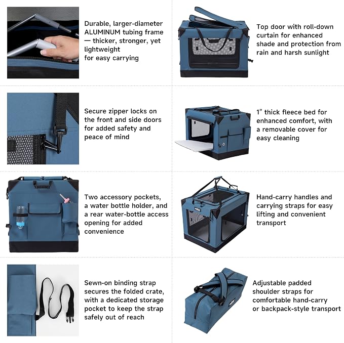 EliteField 4-Door Folding Soft Dog Crate (2-Year Warranty) with Aluminum Frame, Top Curtain, Carrying Bag, and Fleece Bed, Indoor & Outdoor Pet Home (48" L x 32" W x 34" H, Blue Gray)