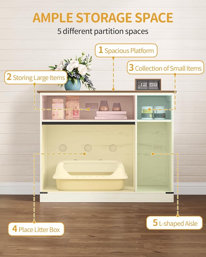 Hzuaneri Cat Litter Box Enclosure, Hidden Litter Box Furniture with Storage, Wooden Cat Cabinet with Scratch Pad, Farmhouse Cat Washroom, TV Stand End Table, Rustic Brown and White CB88614X