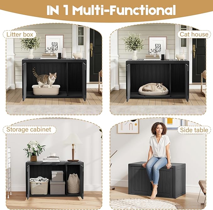 Cat Litter Box Enclosure, Covered Cat Litter Box with Adjustable Partition, Multi-Functional Hidden Enclosed Litter Box Furniture, Easy to Clean & Assemble, Black