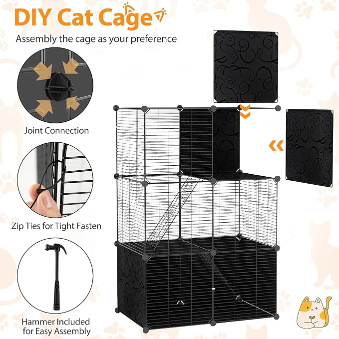 Tangkula Cat Cages Indoor, 3-Tier Large Cat Enclosure with 2 Ladders, 3 Doors, Detachable Metal Wire Kennel for Indoor Cats to Play and Rest, DIY Cat Crate & Pet Playpen Catio for Small Animals