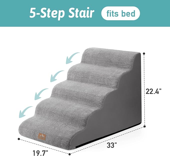 COZY KISS Wide Dog Stairs 19.7" Width, Pet Step for Small/Medium/Large Dog, Puppy or Cat, Pet Ramp for High Bed or Car, High Density Foam Ladder, 19.7x33x22.4 in, Stable, 5 Step, Grey