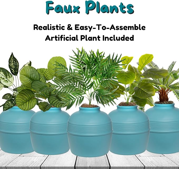 Good Pet Stuff Original Hidden Litter Box Planter, Decorative Cat Litter Enclosure, Carbon Filter, Faux Plant, Round Design, Easy to Clean, Base Kit, Palm Plant, Coastal Blue