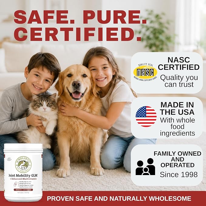 Wholistic Pet Organics - Hip and Joint Supplement for Dogs & Cats - Cat and Dog Joint Supplement - Green Lipped Mussels, Chondroitin, Glucosamine for Dogs & Cat Mobility Support - 1 Lb - 45 Scoops