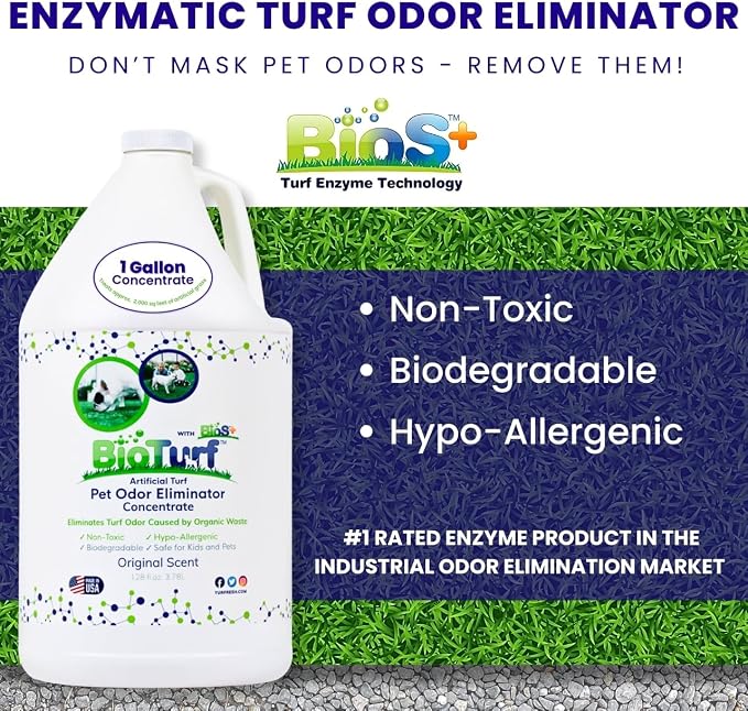 BioTurf BioS+ Turf Cleaner for Pet Urine Outdoor – Artificial Turf Cleaner Deodorizer Concentrate – Fake Grass & Yard Deodorizer for Dog Urine & Feces – Enzyme Kennel Odor Eliminator 1 Gallon