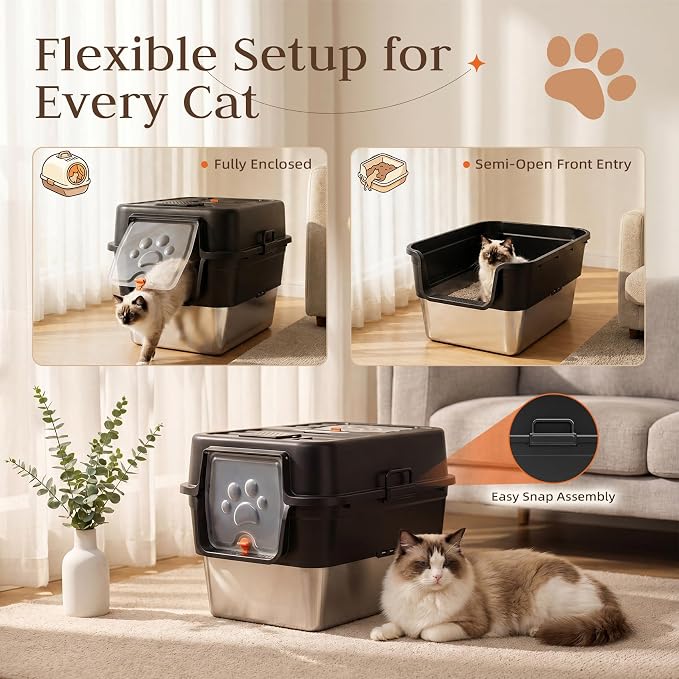 Jotesnew 2 Pack Extra Large Stainless Steel Litter Box with Lid, High Sided Enclosed Cat Litter Box for Multi-Cat Homes, Metal Cat Litter Pan, Dog Proof Front Entry Top Exit, Scoop Included, Black