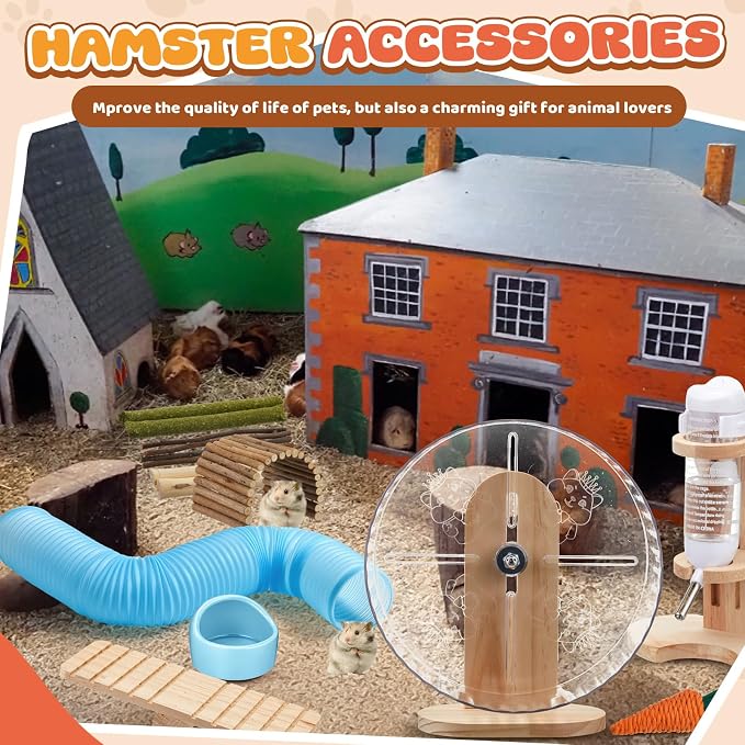 20 Pcs Hamster Toys Set, 16 Small Animal Chewing Toys, Maze Wood House, Silent Exercise Running Wheels and Water Bottle Set Feeding Bowl for Hamster Habitat Rat Cage Accessories (Blue)