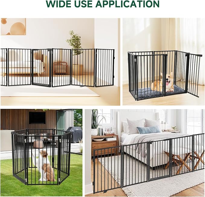 Snagle Paw Full Metal Freestanding Dog Gate with Door, 120” W x 24” H Pet Gate with Support Feet for Doorways, Stairs and Hallways, Portable Dog Fence for Indoor Use(24" 6 Panel, Black)