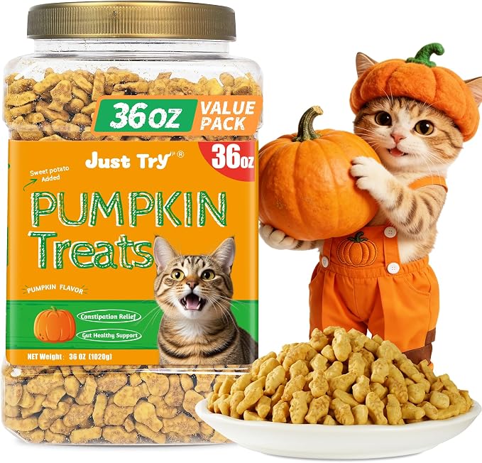Just Try 36 OZ Pumpkin Cat Treats Cat Constipation Relief Hairball Control Healthy Salmon Snacks Training Biscuits Treats for Digestive Support Low Calorie Kitten Snacks
