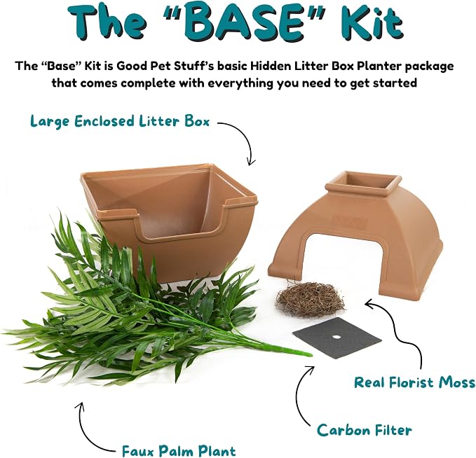 Good Pet Stuff Courtyard Hidden Litter Box Planter, Decorative Cat Litter Enclosure with Carbon Filter, Artificial Palm Plant, Square Design, Easy To Clean, Base Kit, Mocha Brown