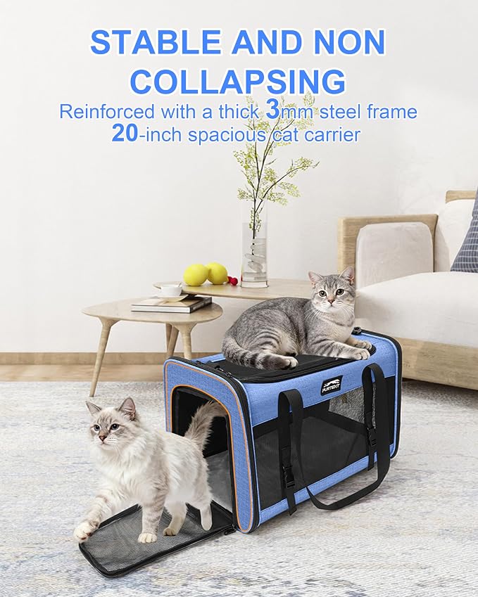 Soft-Sided Large Cat Carrier for 2 Cats, Spacious Foldable Pet Travel Carrier for Large Cats up to 25 Lbs, Double Cat Bag with Shoulder Strap, 20x13x13 Inch, Fits Maine Coon and Small Dogs, Blue