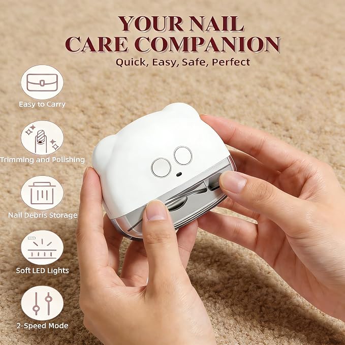 Electric Nail Clippers, Electric Nail Trimmer with LED Light & Nail Filer, Automatic Toenail Clipper with Polishing, Rechargeable Electric Nail Clipper for Seniors, Women, Men (White)