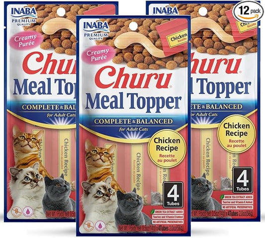 INABA Churu Meal Topper for Cats, Complete & Balanced, Creamy, Lickable Purée Cat Food Topper, 0.5 Ounce Tube, 12 Tubes (4 per Pack), Chicken Recipe