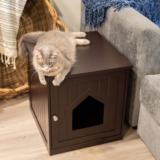 BIRDROCK HOME Cat Litter Box Furniture Enclosure - Hidden Kitty Litter Cat House with Hinged Door, Nightstand, Side Table & Pet Crate, Indoor & Outdoor Wood Cabinet for Small Cats and Dogs - Espresso