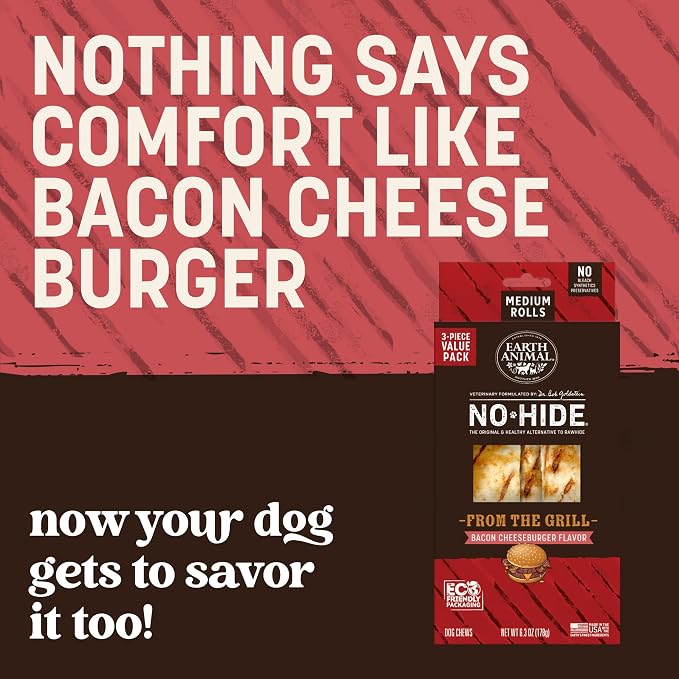 Earth Animal No Hide Chews - from the Grill Rolls Bacon Cheeseburger Flavor Rawhide Free Medium Dog Chews - 3 Count