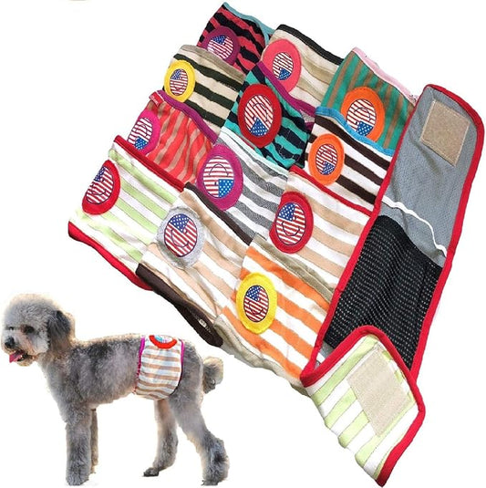 Set - 6pcs Dog Puppy Diaper Male Boy Belly Band Random Colors Reusable Washable for Small Pet Stripes (M - Waist 13" - 16")