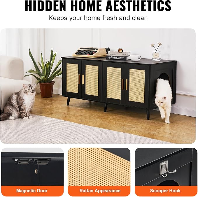 VEVOR Cat Litter Box Enclosure for 2 Cats, Litter Box Furniture Hidden with Double Rooms, Wooden Cat Box Cabinet Fit Most of Litter Box