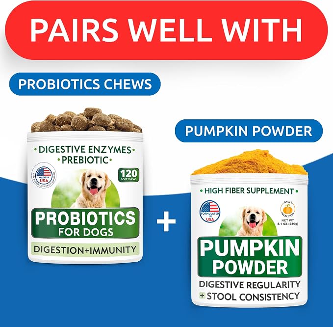 Pumpkin for Dogs + Dog Probiotics Chews Bundle - Constipation, Upset Stomach + Gas, Allergy - Pure Pumpkin Powder + Digestive Enzymes, Prebiotics - Improve Digestion - 8.1oz + 120 Chews - Made in USA