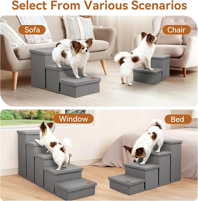 Zerbuger Dog Stairs for High Beds, Folding Pet Stairs Gift for Dogs Puppy with Storage for Bed Couch, Cat Dog Ramp Hold Up to 200 lbs (Gray, 5 Steps No Condo(49" D x 17" W x 26" H))