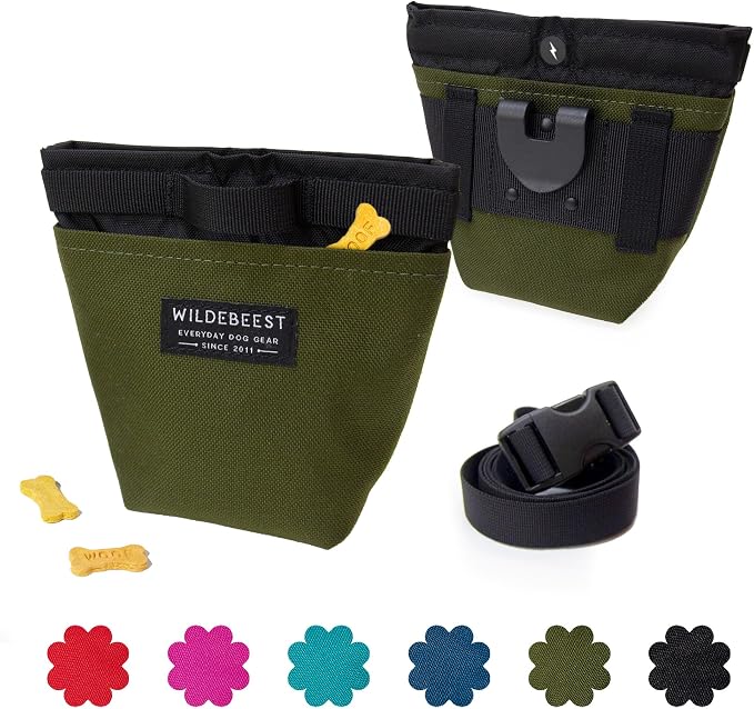 Wildebeest Dog Treat Pouch, Dog Treat Bag, Dog Training Treat Pouch, Dog Travel Bag, Pet Treat Pouch, Magnetic Closure, 2 Water-Resistant Compartments, Detachable Waist Strap & Belt Clip (Olive)