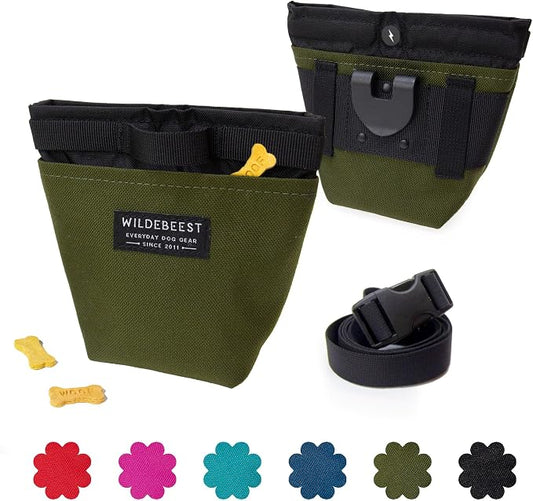 Wildebeest Dog Treat Pouch, Dog Treat Bag, Dog Training Treat Pouch, Dog Travel Bag, Pet Treat Pouch, Magnetic Closure, 2 Water-Resistant Compartments, Detachable Waist Strap & Belt Clip (Olive)