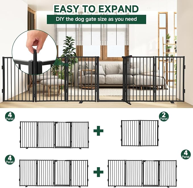 Snagle Paw Metal Freestanding Dog Gate with Door,80” W x 36” H Dog Fence with Support Feet for Doorways, Stairs and Hallways, Portable Pet Gate for Indoor Use (4 Panel, Black)