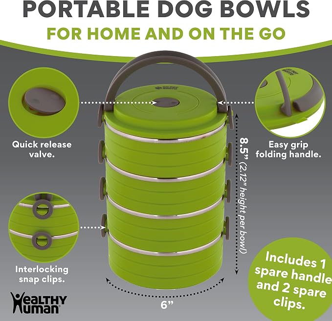 Healthy Human Travel Pet Bento Bowls - Human-Grade Stainless Steel & BPA-Free, Leak-Proof Water & Food Container Set for Dogs & Cats, 4-Pack Interlocking Bowls, Includes Spare Clips & Handle (Green)