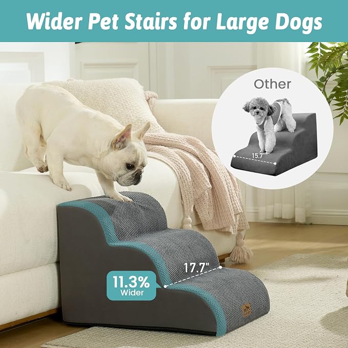 COZY KISS Wide Dog Stairs for Small Dog 15.7" H, Pet Step for Puppy, Older Cat, Curved Ramp for Couch, Durable Anti-Slip Ladder with High Density Foam, 3 Step, 17.7x22.4x15.7 inch, Dark Grey
