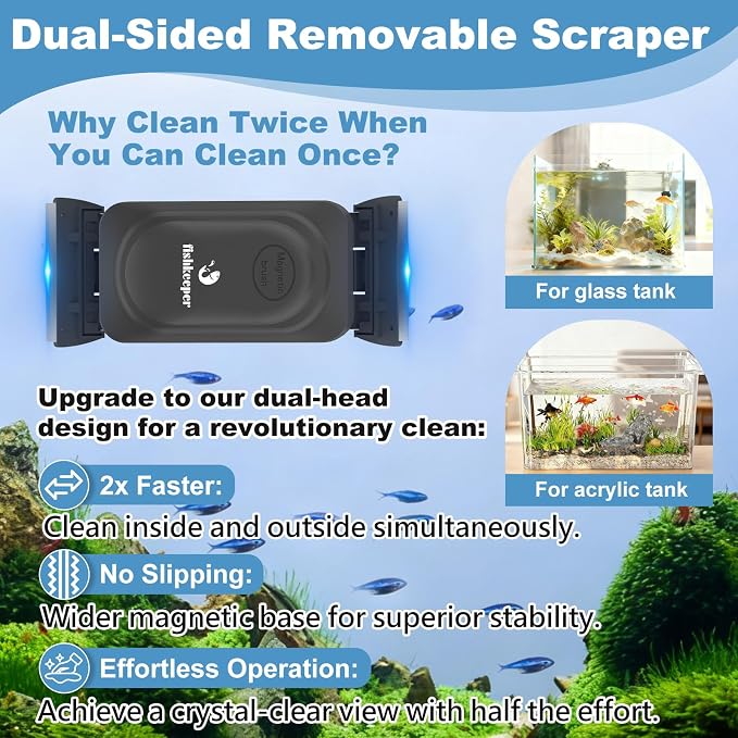 fishkeeper Magnetic Aquarium Glass Cleaner, Dual-Blades Algae Fish Tank Glass Cleaner Brush for 0.2-0.4 Inch Thick Glass Aquariums Tank, Self-Floating Scrubber Brush with 4 Detachable Scraper (M)