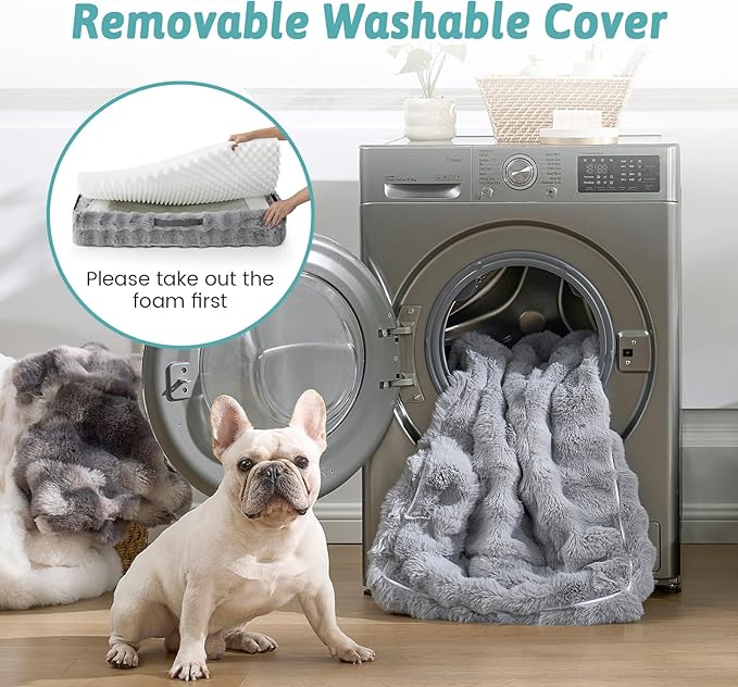 COZY KISS Orthopedic Dog Bed for Medium Small Size Dog, Soft and Warm Faux Fur Sofa for Pet Up to 40 lbs, Foam Bolster Anti-Slip Couch with Washable Removable Cover, M 30x20x6.5 inch, Grey