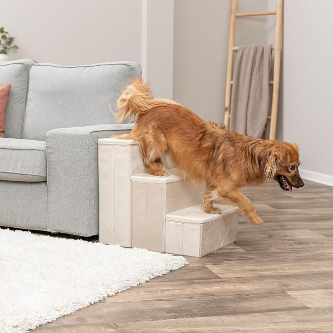 Trixie Velour Foldable 3-Step Pet Stairs with Storage, Collapsible, Storage Compartments for Pet Toys, Beige