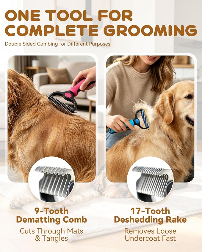 Tool, 2-In-1 Deshedding Dog Brush, Double-Sided Grooming Tool for Thick Coats, Rounded-Tooth Comb for Painlessly Removing Knots and Loose Hair (Blue-Small)