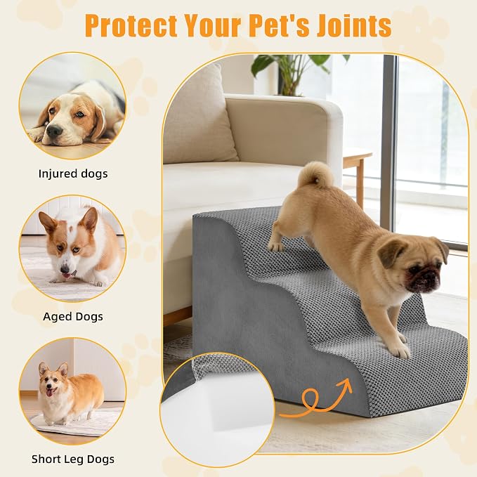3-Step Dog Stairs for Small Dogs and Cats, 16" H Dog Steps for Couch, Sofa, Chair, Durable Non-Slip Sturdy Pet Steps, Pet Ramp for High Bed Indoor