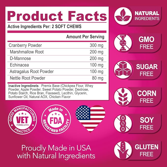 Dog UTI Chews - Advanced Cranberry Supplement for Dogs - Bladder Control - Urinary Tract Support - Cranberry Supplement Vitamins Multivitamin Chews - Made in USA
