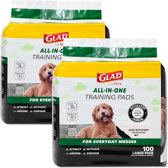 Glad for Pets Black Charcoal Puppy Pads, 6-Layer Leak-Proof Design with Activated Carbon Odor Control and Pheromone Attractant, Disposable Dog Pee Pads for Potty Training, 23 x 23 in, 100 Count - 2 Pk