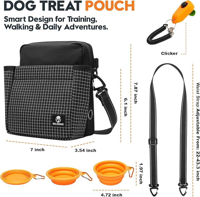 Dog Training Treat Pouch, Magnetic Treat Fanny Pack for Walking, Crossbody Dog Walking Bag with Poop Bag Dispenser, Clicker & Collapsible Bowl - Black