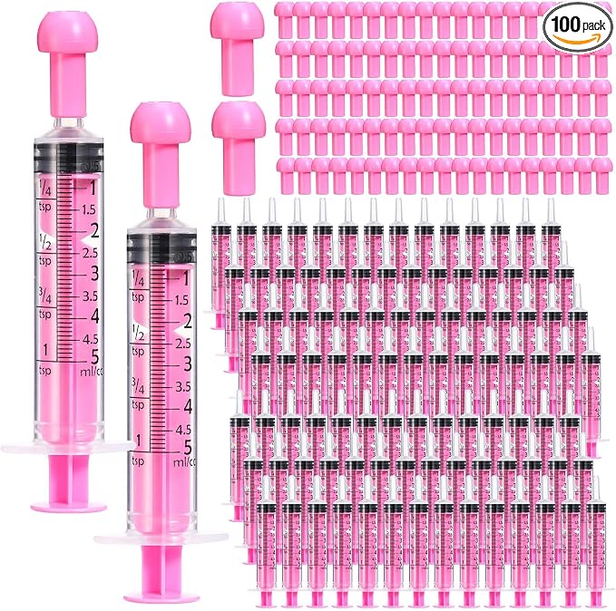 TrelaCo 100 Pack 5ml Syringes with Caps, Colored Plastic Measuring Syringe for Liquid, Pet Feeding, DIY, Party, Craft, Individually Sealed and Wrapped(Pink)
