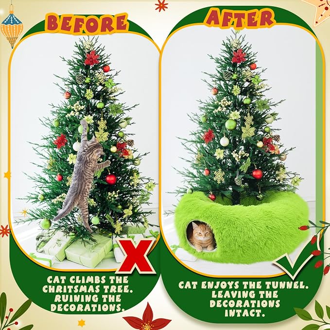 Thyle Christmas Cat Tunnel Bed Under Christmas Tree for Indoor Cats Xmas Pet Donut Tunnel with Cushion Foldable Round Pet Toy for Small Animals Kitten(3ft X 3ft X 9.8in,Green,Plush)