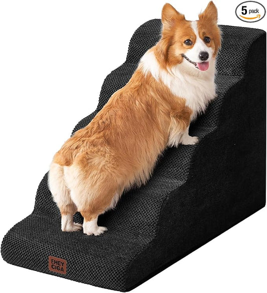 EHEYCIGA Curved Dog Stairs Ramp for High Beds, 5-Step Extra Wide Dog Steps for Small Dogs and Cats, Pet Stairs for High Bed Climbing, Non-Slip Balanced Pet Step Indoor, Black