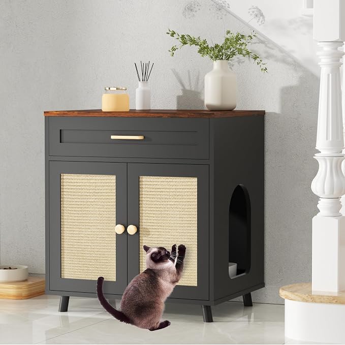 Cat Litter Box Enclosure Litter Box Furniture Hidden with Scratching Board Doors and Drawer Wooden Washroom Cat House Table Nightstand Indoor Box Cabinet,Black