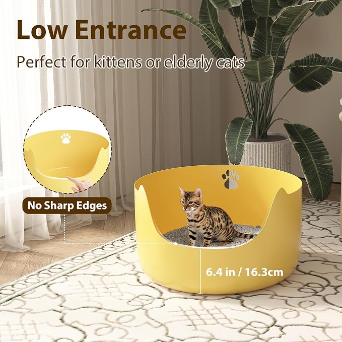 High Sides Low Entry Large Litter Pan (21.6x21.6x13.1 Inches), All-in-One Easy to Clean Plastic Litter Box for Kittens, Elderly & Large Cats, Doubles as Stylish Cat Bed, Yellow