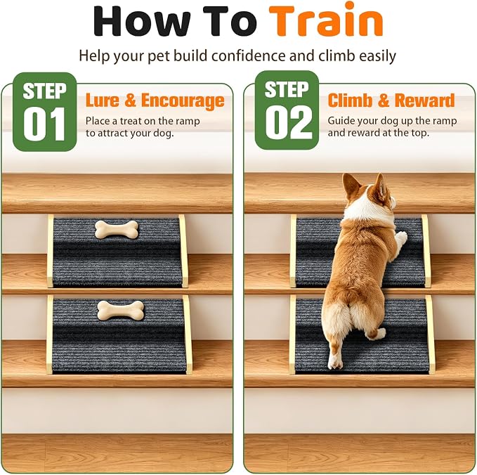 2 Pack Dog Ramp for Stairs-2-Step Wooden Pet Ramp with Non-Slip Carpet for Small Dogs,Gentle Slope Support for Senior Injured Aging Short-Legged Pets,Indoor Use