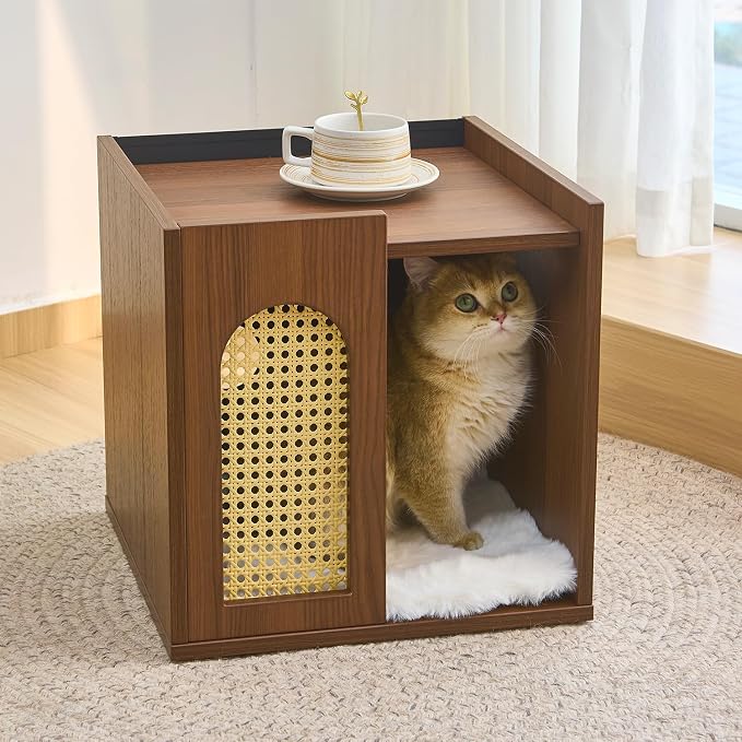 2-Tier Wooden Indoor Cat House for Large Cats, Sturdy & Durable Semi-Enclosed Cat Bed Condo with Removable Washable Plush Cushion, Multi-Functional Cat Furniture, Easy Video Assembly