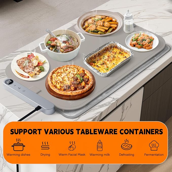 Homelove Warming Mat for Food - Electric Warming Tray with 6-Level Temperature and Hours Setting, Full Surface Graphene Heating, Waterproof Dishwasher-Friendly Food Warmer for Parties, Kitchen (Khaki)