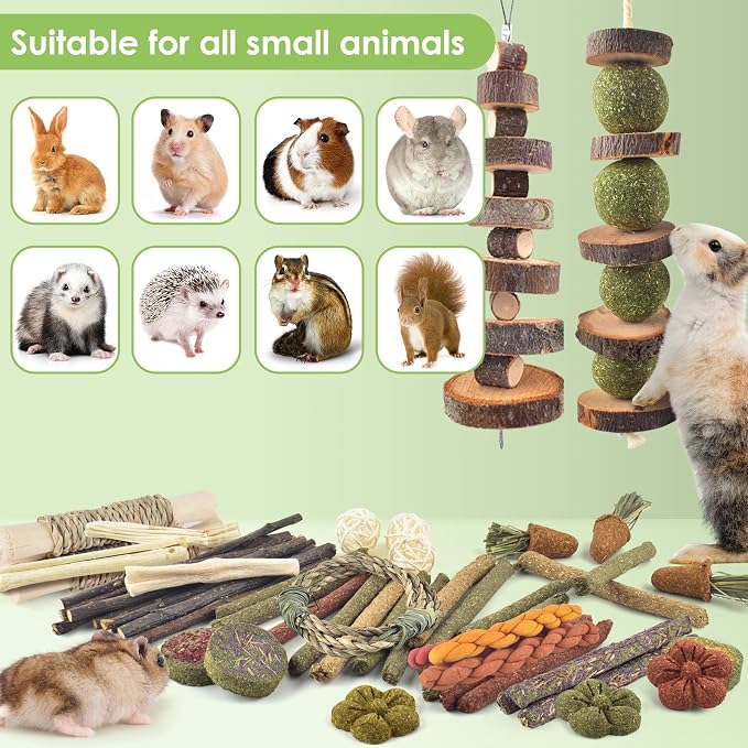 ERKOON 100PCS Rabbit Chew Toys, Natural Timothy Grass Cakes Guinea Pig Toys, Small Animal Teeth Grinding Treats for Bunny Hamster Chinchilla, Safe Dental Care Snacks